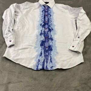 INC International Concepts Mens M White Blue Tie Dye Linen Blend Shirt